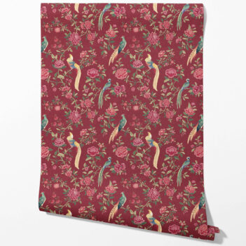 'Enchanted Forest' Floral Chinoiserie/ Nature Bird Print Wallpaper (Red/ Pink/ Green/ Yellow)