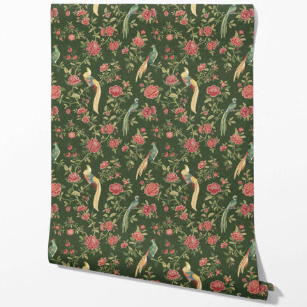 'Horizon View' Floral Chinoiserie/ Nature Bird Print Wallpaper (Green/ Pink/ Yellow)