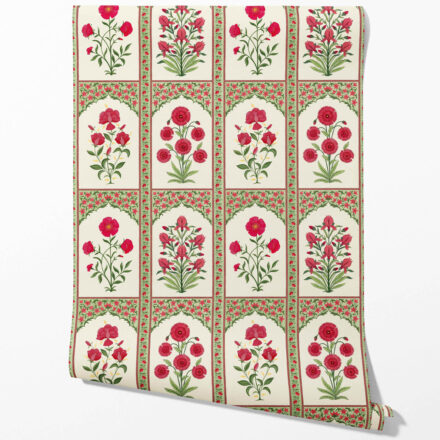 'Natural Can' Vintage Ethnic Floral Block Print Wallpaper (Red/ Pink/ Green) - Image 2