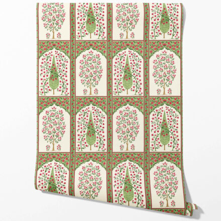 'Orca' Vintage Ethnic Floral Block Print Wallpaper (Pink/ Red/ Green) - Image 2