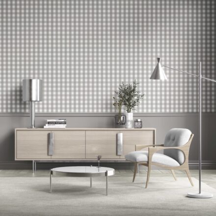 'Dhani' Neutral Geometric Gingham Wallpaper (Stone Gray) - Image 2