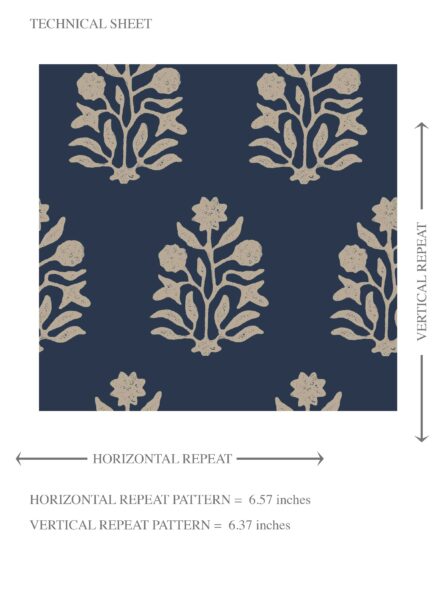 'Thundersnow' Vintage-Inspired Botanical Floral Block Print Wallpaper (Navy Blue/ Beige) - Image 8