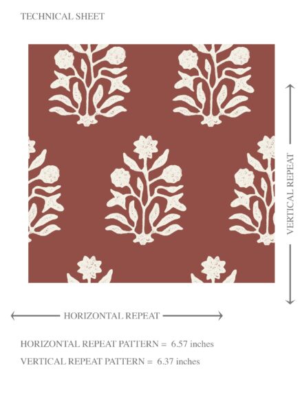 'Oura' Vintage-Inspired Botanical Floral Block Print Wallpaper (Brick Red/ White) - Image 8