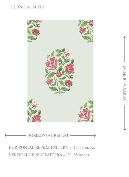 'Hosta' Floral Block Print Wallpaper (Mint Green/ Pink-Red) - Image 8