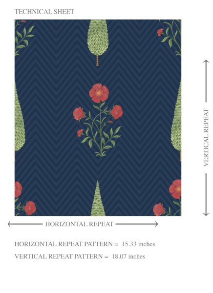 'Faery Forest' Botanical/ Floral Block Print Wallpaper (Navy Blue/ Red/ Green) - Image 8