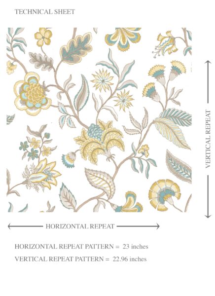 'Tea Joie' Botanical/ Floral Chinoiserie Wallpaper (Yellow/ Blue/ Beige) - Image 8