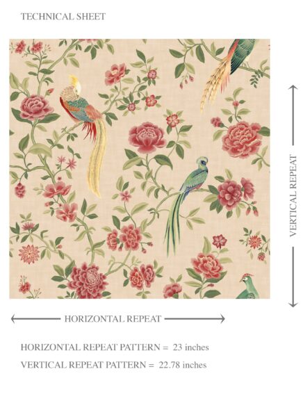 'Lagoon' Floral Chinoiserie/ Nature Bird Print Wallpaper (Peach/ Red/ Green/ Yellow) - Image 8