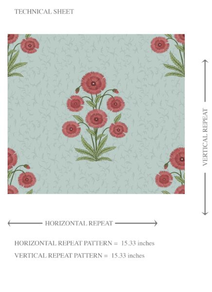 'Gibbon' Botanical Floral Block Print Wallpaper (Blue/ Red-Pink/ Green) - Image 8