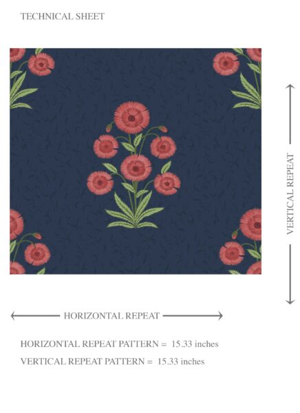 'Genet' Botanical Floral Block Print Wallpaper (Navy Blue/ Red/ Green) - Image 8