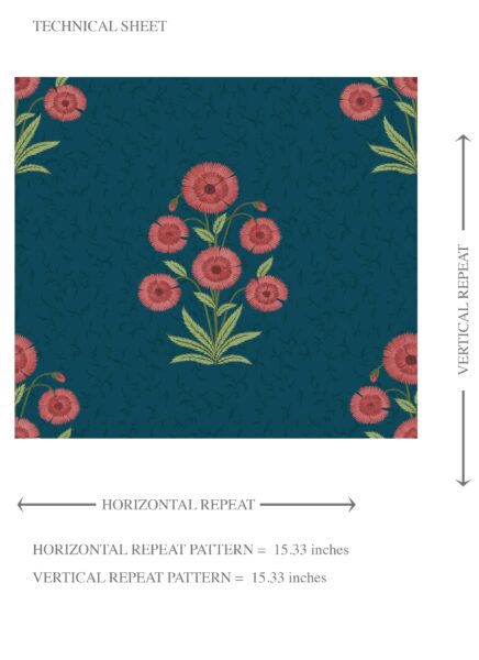 'Kirosi' Botanical Floral Block Print Wallpaper (Teal Blue/ Red-Pink/ Green) - Image 8