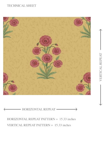 'Madhuvan' Botanical Floral Block Print Wallpaper (Yellow/ Red-Pink/ Green) - Image 8