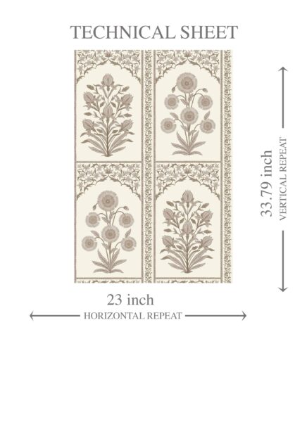 'Senecio' Neutral Vintage Ethnic Floral Block Print Wallpaper (Beige/ Taupe/ Cream) - Image 8