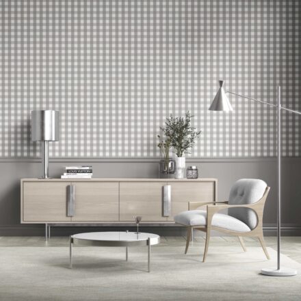 'Dhani' Neutral Geometric Gingham Wallpaper (Stone Grey) - Image 2