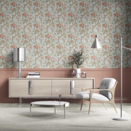 'Botanica' Floral/ Bird Print Chinoiserie Wallpaper (Blue/ Coral Pink/ Green) - Image 2