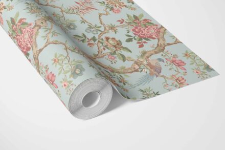 'Botanica' Floral/ Bird Print Chinoiserie Wallpaper (Blue/ Coral Pink/ Green) - Image 3