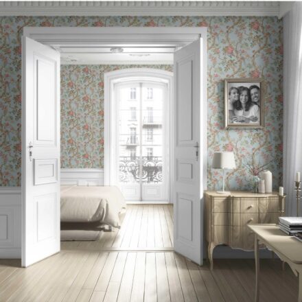 'Botanica' Floral/ Bird Print Chinoiserie Wallpaper (Blue/ Coral Pink/ Green) - Image 4