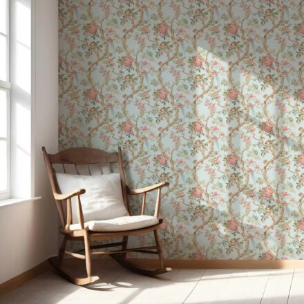 'Botanica' Floral/ Bird Print Chinoiserie Wallpaper (Blue/ Coral Pink/ Green) - Image 5