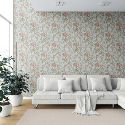 'Botanica' Floral/ Bird Print Chinoiserie Wallpaper (Blue/ Coral Pink/ Green) - Image 6