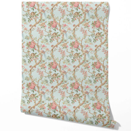 'Botanica' Floral/ Bird Print Chinoiserie Wallpaper (Blue/ Coral Pink/ Green) - Image 8