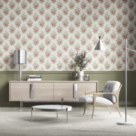 'Tuscan' Floral Block Print Wallpaper (Cream/ Red/ Leaf Green) - Image 2