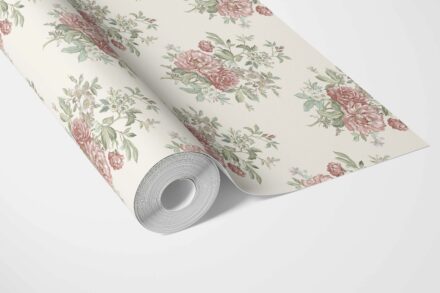 'Tuscan' Floral Block Print Wallpaper (Cream/ Red/ Leaf Green) - Image 3