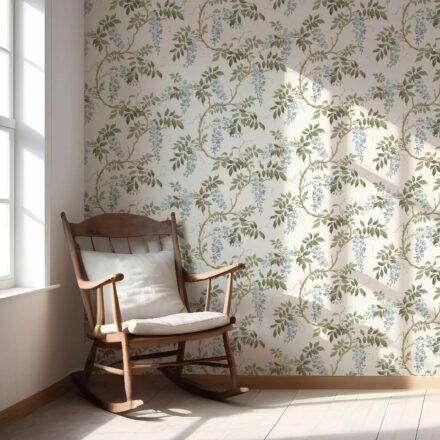 'Misty Bloom' Floral Vine/ Botanical Patterned Wallpaper (Cream/ Duck Egg Blue/ Green) - Image 5
