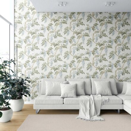 'Misty Bloom' Floral Vine/ Botanical Patterned Wallpaper (Cream/ Duck Egg Blue/ Green) - Image 6