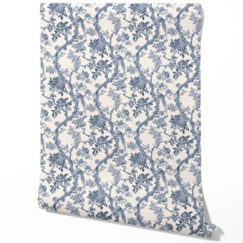 'Interlude' Floral Toile/ Bird Print Chinoiserie Wallpaper (Navy Blue/ Off-White)