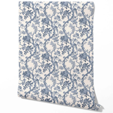 'Interlude' Floral Toile/ Bird Print Chinoiserie Wallpaper (Navy Blue/ Off-White)