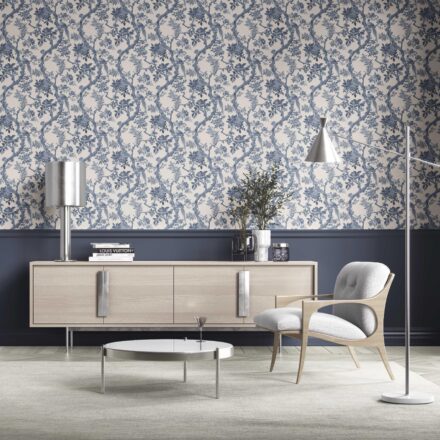 'Interlude' Floral Toile/ Bird Print Chinoiserie Wallpaper (Navy Blue/ Off-White) - Image 2