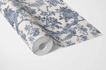 'Interlude' Floral Toile/ Bird Print Chinoiserie Wallpaper (Navy Blue/ Off-White) - Image 3