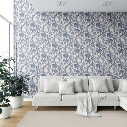 'Interlude' Floral Toile/ Bird Print Chinoiserie Wallpaper (Navy Blue/ Off-White) - Image 6
