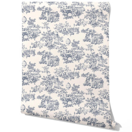 'Sky Petal' Toile de Jouy/ Nature Print Wallpaper (Navy Blue/ Off-White)