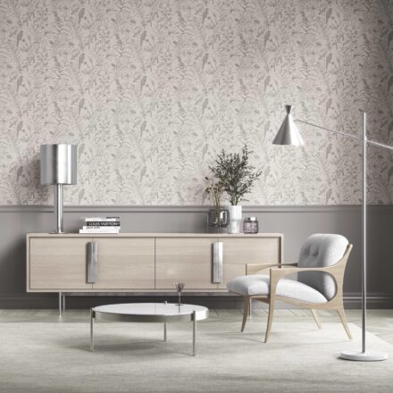 'Shoreline' Birds Print/ Botanical Wallpaper (Gray/ Off-White) - Image 2