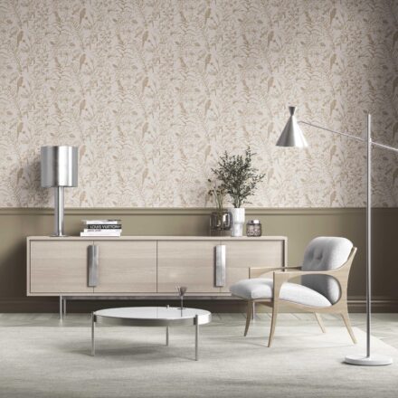 'Lunaria' Birds Print/ Botanical Wallpaper (Beige/ Brown/ Warm Gray) - Image 2