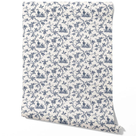 'Meadowlark' Floral Toile de Jouy Wallpaper (Navy Blue/ Off-White)