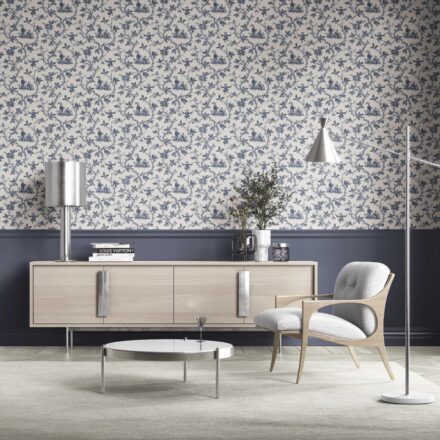 'Meadowlark' Floral Toile de Jouy Wallpaper (Navy Blue/ Off-White) - Image 2