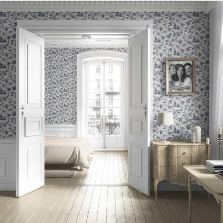 'Meadowlark' Floral Toile de Jouy Wallpaper (Navy Blue/ Off-White) - Image 4
