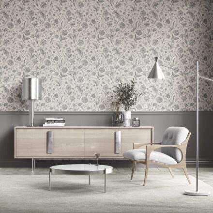 'Lyon' Neutral Floral/ Botanical Wallpaper (Metallic Gray) - Image 2