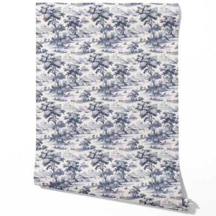 'Bowood Sisal' Floral Toile de Jouy Nature Print Wallpaper (Navy Blue)