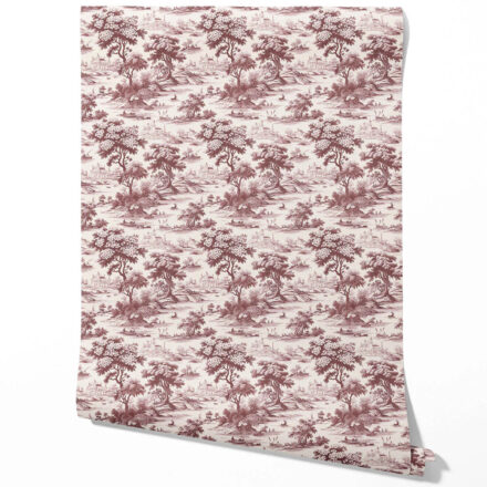 'Taalbagh' Floral Toile de Jouy Nature Print Wallpaper (Maroon Red/ Deep Pink)
