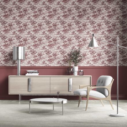 'Taalbagh' Floral Toile de Jouy Nature Print Wallpaper (Maroon Red/ Deep Pink) - Image 2