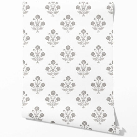 'Ratan Palm' Neutral Floral Block Print Wallpaper (Stormy Gray/ Taupe/ White)