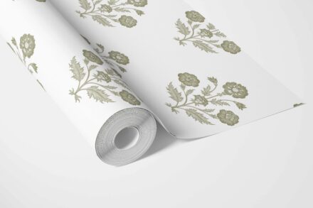 'Sanganeri' Floral Block Print Wallpaper (Olive Green/ White) - Image 3