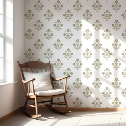 'Sanganeri' Floral Block Print Wallpaper (Olive Green/ White) - Image 5