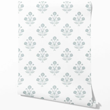'Aubrey' Floral Block Print Wallpaper (Duck Egg Blue/ White)