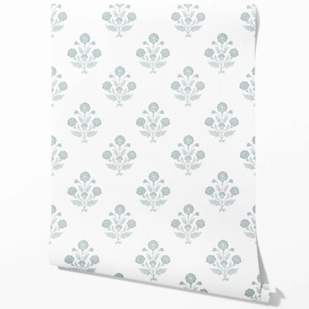 'Aubrey' Floral Block Print Wallpaper (Duck Egg Blue/ White)