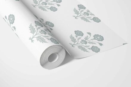 'Aubrey' Floral Block Print Wallpaper (Duck Egg Blue/ White) - Image 3