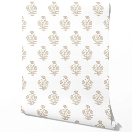 'Vale of Eden' Neutral Floral Block Print Wallpaper (Beige/ Taupe/ White)