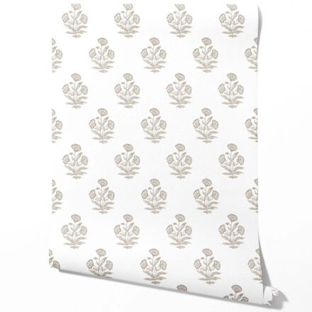 'Dry Azalea' Neutral Floral Block Print Wallpaper (Greige/ Warm Gray/ White)